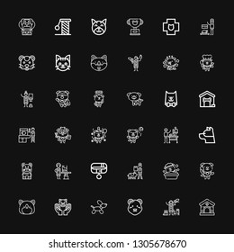 Editable 36 paw icons for web and mobile. Set of paw included icons line Veterinary, Veterinarian, Polar bear, Dog, Cat, Hamster, Collar, Dog house, Pet, Scratching on black background