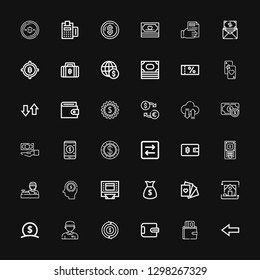 Editable 36 pay icons for web and mobile. Set of pay included icons line Back, Wallet, Refund, Cashier, Money, Exchange, Cards, Atm, Earnings, Transfer, Dollar on black background