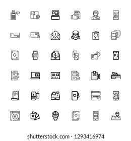 Editable 36 paying icons for web and mobile. Set of paying included icons line Cashier, Payment method, Cards, Parking meter, Payment terminal, Receipt, Cash machine on white background