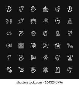 Editable 36 peace icons for web and mobile. Set of peace included icons line Mind, Tombstone, Spiritual, Solidarity, Dove, Mindfulness, Fraternity, Christian on black background