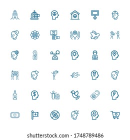 Editable 36 iconos de paz para web y móvil. El conjunto de paz incluía íconos como Solidaridad, Mente, Sin armas, Cristiano, Alto, Percha de Puerta, Paloma, Sacerdote, Espíritus sobre fondo blanco