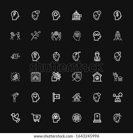 Editable 36 peace icons for web and mobile. Set of peace included icons line Mind, Tombstone, Spiritual, Solidarity, Dove, Mindfulness, Fraternity, Christian on black background