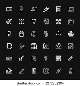 Editable 36 pen icons for web and mobile. Set of pen included icons line Paint tube, Glue, Clipboards, Clipboard, Edit, School, Ruler, Graphic designer, Notepad on black background