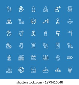 Editable 36 people icons for web and mobile. Set of people included icons line Basketball, Hierarchy, Swimming, Resume, Frisbee, Couple, Exit, Hand, Group, Hammocks on blue background