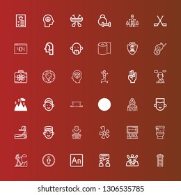 Editable 36 people icons for web and mobile. Set of people included icons line Treadmill, Yoga, Talk, Animate, Restroom, Hiking, Wc, Class, Yelp, Bust, Concierge, Avatar on red