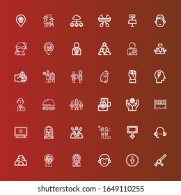 Editable 36 people icons for web and mobile. Set of people line icons including: Baton, Restroom, Avatar, Eskimo, Woman, Cave, Lesson, Peace, Charity, Yoga, Tracing, Volley on red