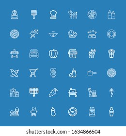 Editable 36 pepper icons for web and mobile. Set of pepper included icons line Shaker, Pepper, Chili, Aubergine, Barbecue, Cooking, Asparagus, Churrasco, Grill on blue background