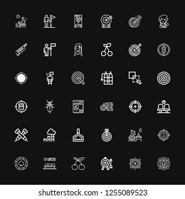Editable 36 perfect icons for web and mobile. Set of perfect included icons line Target, Goal, Cherry, Waiting room, Casino chip, Terrace, Holder, Darts, Freezer on black background