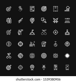Editable 36 perfect icons for web and mobile. Set of perfect included icons line Freezer, Leaf insect, Target, Dartboard, Cherry, Monocycle, Terrace, Holder on black background