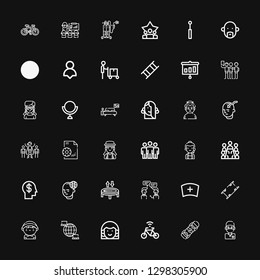 Editable 36 person icons for web and mobile. Set of person included icons line Surgeon, Skateboard, Bicycle, Avatar, Network, Delivery man, Stretcher, Nurse on black background