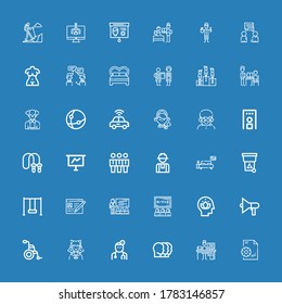 Editable 36 person icons for web and mobile. Set of person included icons line Management, Programmer, Heads, Doctor, Cosplayer, Wheelchair, Speaker, Head, Class on blue background