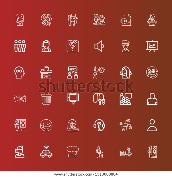Editable 36 person\
icons for web and mobile. Set of person included icons line Height,\
Scooter, Mother, Chef, Autonomous car, Call center, User, Network,\
Customer support on\
red