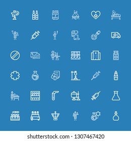 Editable 36 pharmacy icons for web and mobile. Set of pharmacy included icons line Potion, Flask, Veterinarian, Caduceus, Test tube, Syringe, Crucible, Needle on blue background