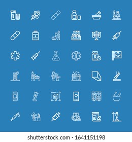 Editable 36 pharmacy icons for web and mobile. Set of pharmacy included icons line Flask, Vitamins, Syringe, Lab technician, Mortar, Pills, Medical app, d, Medicine on blue background