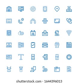 Editable 36 iconos de teléfono para web y móvil. Conjunto de iconos incluidos línea Analytics, Drawing tablet, Setting, Selfie, Set, Antena, Settings, Smartphone sobre fondo blanco