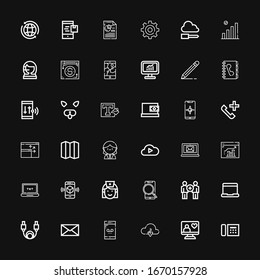 Bearbeitbar 36 Telefonicons für Web und Mobile. Set Set Set mit den Symbolen Zeile Telefon, Computer, Cloud, Smartphone, Nachricht, Kabel, Laptop, Kommunikation auf schwarzem Hintergrund