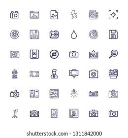 Editable 36 photography icons for web and mobile. Set of photography included icons line Photo camera, Camera, Picture, Frame, Reflector, Tungsten, Image, Focus on white background