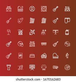 Editable 36 piano icons for web and mobile. Set of piano included icons line Dj music, Xylophone, Musician, Piano, Music, Kettledrum, Guitar, Drums, Bongos, Drum, DJ, Cello on red
