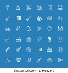 Editable 36 piano icons for web and mobile. Set of piano included icons line Xylophone, Drum, Guitar, Music, Dj music, DJ, Harmonica, Timpani, Ocarina, Musician on blue background