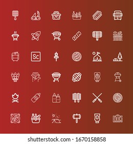 Editable 36 picnic icons for web and mobile. Set of picnic included icons line Bbq, Ketchup, Ax, Camping, Picnic, Barbecue, Skewers, Grill, Mustard, Campfire, Barbecue grill on red