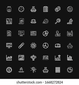 Editable 36 pie icons for web and mobile. Set of pie included icons line Pie chart, Cookie, Analytics, Pudding, Diagram, Chart, Graph bar, Graph, Increase on black background