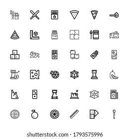 Editable 36 piece icons for web and mobile. Set of piece included icons line Match, Domino, Chocolate, Orange, Pizza, Matches, Cube, Rock, Rook, Dominoes, Rocks on white background