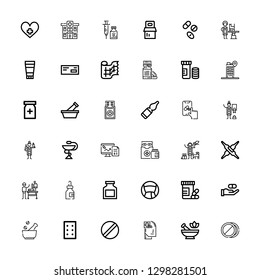 Editable 36 pill icons for web and mobile. Set of pill included icons line Pills, Mortar, Health, Pill, Medicine, Vitamins, Drug, Veterinarian, Calcium, Medicines on white background