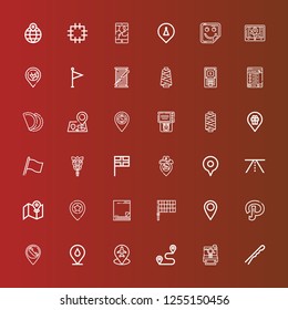 Editable 36 pin icons for web and mobile. Set of pin included icons line Hairpin, Instant camera, Route, Placeholder, Path, Flag, Sticky note, Street map, Road, Location on red