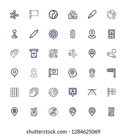 Editable 36 pin icons for web and mobile. Set of pin included icons line Thread spool, Placeholder, Gps, Instant camera, Flag, Road, Location pin, Location on white background