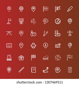 Editable 36 pin icons for web and mobile. Set of pin included icons line Gps, Location, Route, Contacts, Hairpin, Placeholder, Flag, Staple, Road, Tracking, Punk, Locate on red