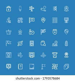 Editable 36 pin icons for web and mobile. Set of pin included icons line Post it, Pinwheel, Flag, Sticky note, Contacts, Location pin, Placeholder, Atm, Contact on blue background