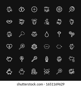 Editable 36 pink icons for web and mobile. Set of pink included icons line Unicorn, Lollipop, Venus, Women rights, Piggy bank, Lips, Dragon fruit, Cancer, Blur on black background