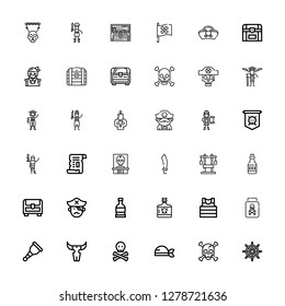 Editable 36 pirate icons for web and mobile. Set of pirate included icons line Ship wheel, Skull, Pirate, Wooden leg, Poison, Sailor, Rum, Chest, Sabre, Papyrus on white background