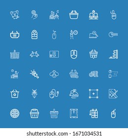 Editable 36 pixel icons for web and mobile. Set of pixel included icons line Mouse, Oxigen, Dossier, Shopping basket, Terra, Edit tools, Selection, Leaf insect on blue background