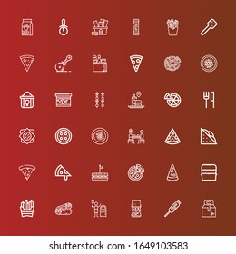 Editable 36 pizza icons for web and mobile. Set of pizza included icons line Take away, Food, Sandwich, Pizza, Burrito, French fries, Ice box, Fast food, Oyster omelette on red