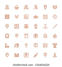 Editable 36 place icons for web and mobile. Set of place included icons line Location, Parking sign, Knife, Parking, Castle, Trophy, Map, Medal, Street map on white background