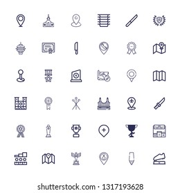 Editable 36 place icons for web and mobile. Set of place included icons line Trophy, Marker, Placeholder, Map, Podium, Pedestal, Gps, Award, Medal, Knife, Golden gate on white background