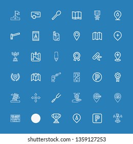 Editable 36 place icons for web and mobile. Set of place included icons line Locate, Parking, Placeholder, Trophy, Knife, Castle, Medal, Fork, Position, Pisa on blue background