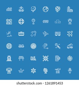 Editable 36 plane icons for web and mobile. Set of plane included icons line Seatbelt, Plane, Earth globe, Graphene, Origami, Belt, World, Medical appointment on blue background