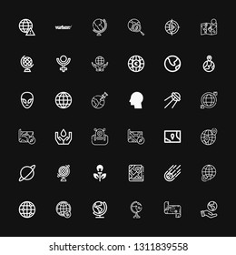 Editable 36 planet icons for web and mobile. Set of planet included icons line Ecologism, Map, Globe, Earth, Worldwide, Global, Meteorite, Green energy, Planet on black background