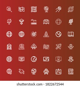 Editable 36 planet icons for web and mobile. Set of planet included icons line Map, Space robot, Earth, Planet, Worldwide, Ufo, Geography, Ecological, Globe, World, Rocket on red