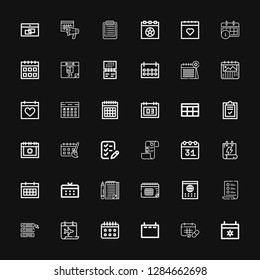 Editable 36 planner icons for web and mobile. Set of planner included icons line Calendar, Schedule, List, Wedding plans, Date on black background