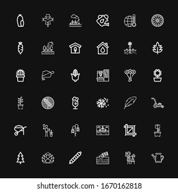 Editable 36 plant icons for web and mobile. Set of plant included icons line Watering can, Gardener, Gardening, Caterpillar, Lotus, Tree, Flower, Crop, Landscape on black background