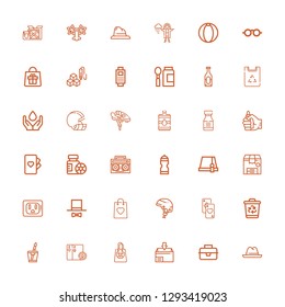 Editable 36 plastic icons for web and mobile. Set of plastic included icons line Hat, Lunchbox, Package, Shopping bag, Cards, Water, Recycling bin, Helmet on white background