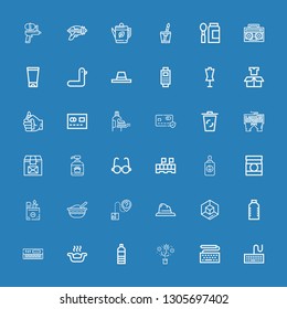 Editable 36 plastic icons for web and mobile. Set of plastic included icons line Keyboard, Hat, Water bottle, Litter box, Water, d cube, Package, Baby food on blue background