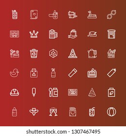 Editable 36 plastic icons for web and mobile. Set of plastic included icons line Beach ball, Soda, Gift bag, Glasses, Hat, Feeding bottle, Shopping bag, Cassette, Baby food on red