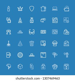Editable 36 plastic icons for web and mobile. Set of plastic included icons line Package, Kettle, Shopping bag, Cards, d cube, Helmet, Raincoat, Hat, Frisbee on blue background