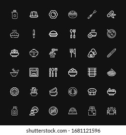 Editable 36 plate icons for web and mobile. Set of plate included icons line Romantic dinner, Take away, Plate, Junk food, Room service, Canteen, Salad, Pie on black background