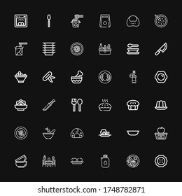 Editable 36 plate icons for web and mobile. Set of plate included icons line Pie, Jiaozi, Canteen, Croquette, Dinner, Bowls, Lunch, Bowl, Salad, Onigiri, Oyster omelette on black background