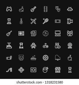 Editable 36 play icons for web and mobile. Set of play included icons line Rook, Stadium, Mask, Buttons, Toboggan, Sand bucket, Piano, Button, Balls, Game on black background